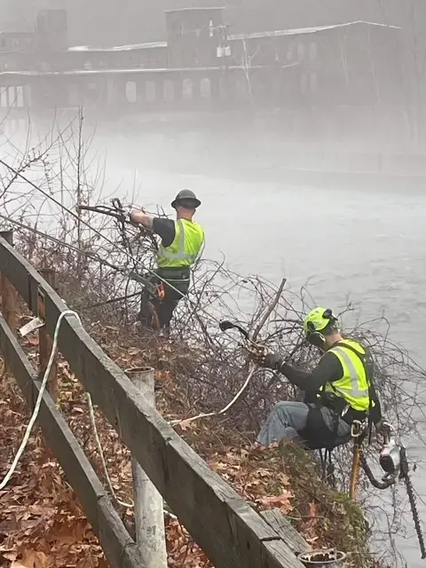 Two crew members in hi-vis vests clearing brush on a steep riverbank beside a guardrail with an old mill in the fog