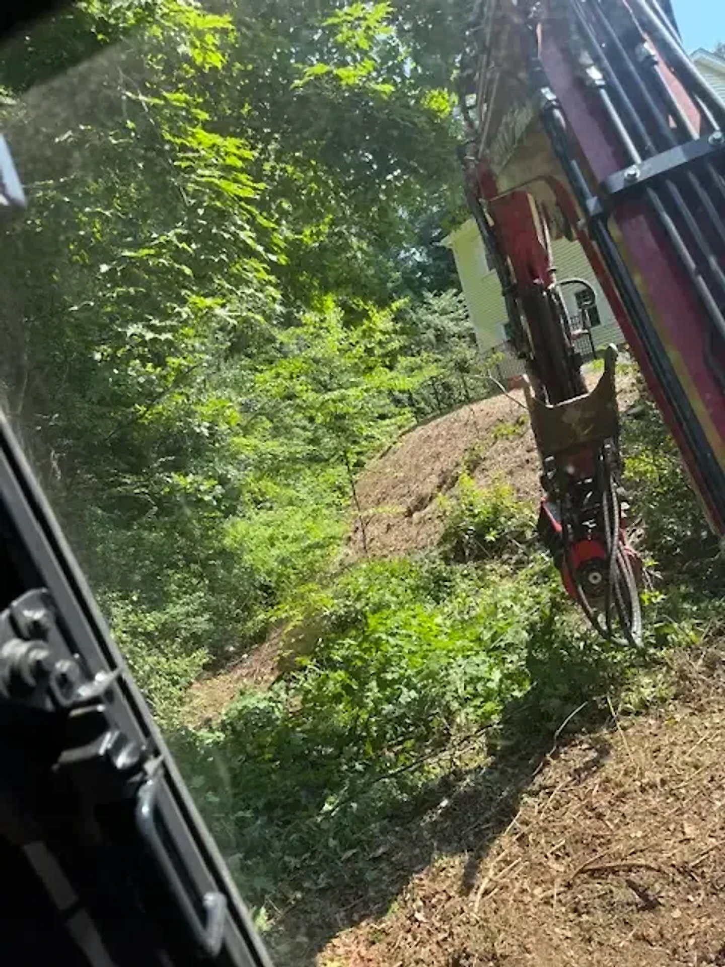View from the excavator cab as the grapple arm clears thick brush and vines from a wooded lot